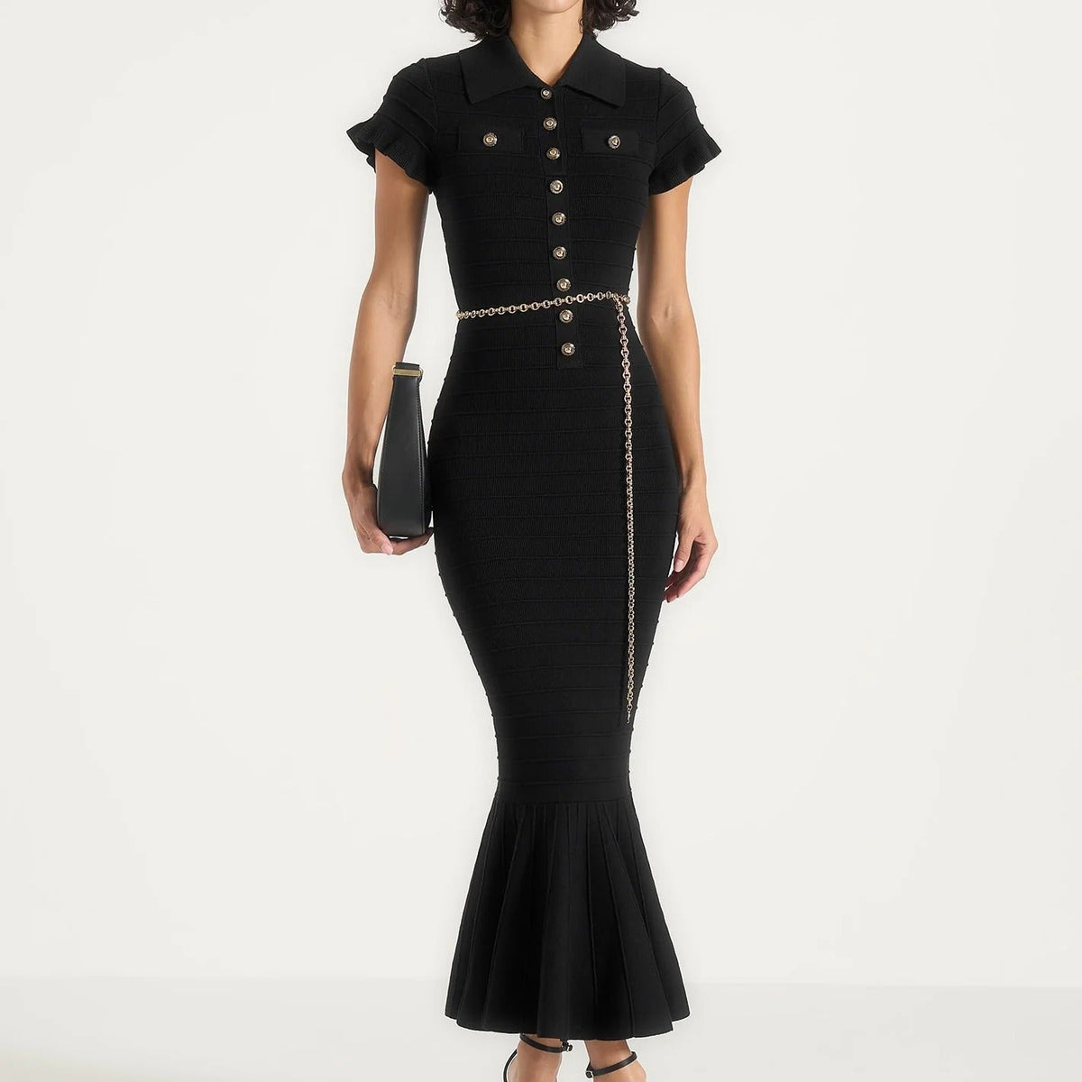 Black fishtail midi dress