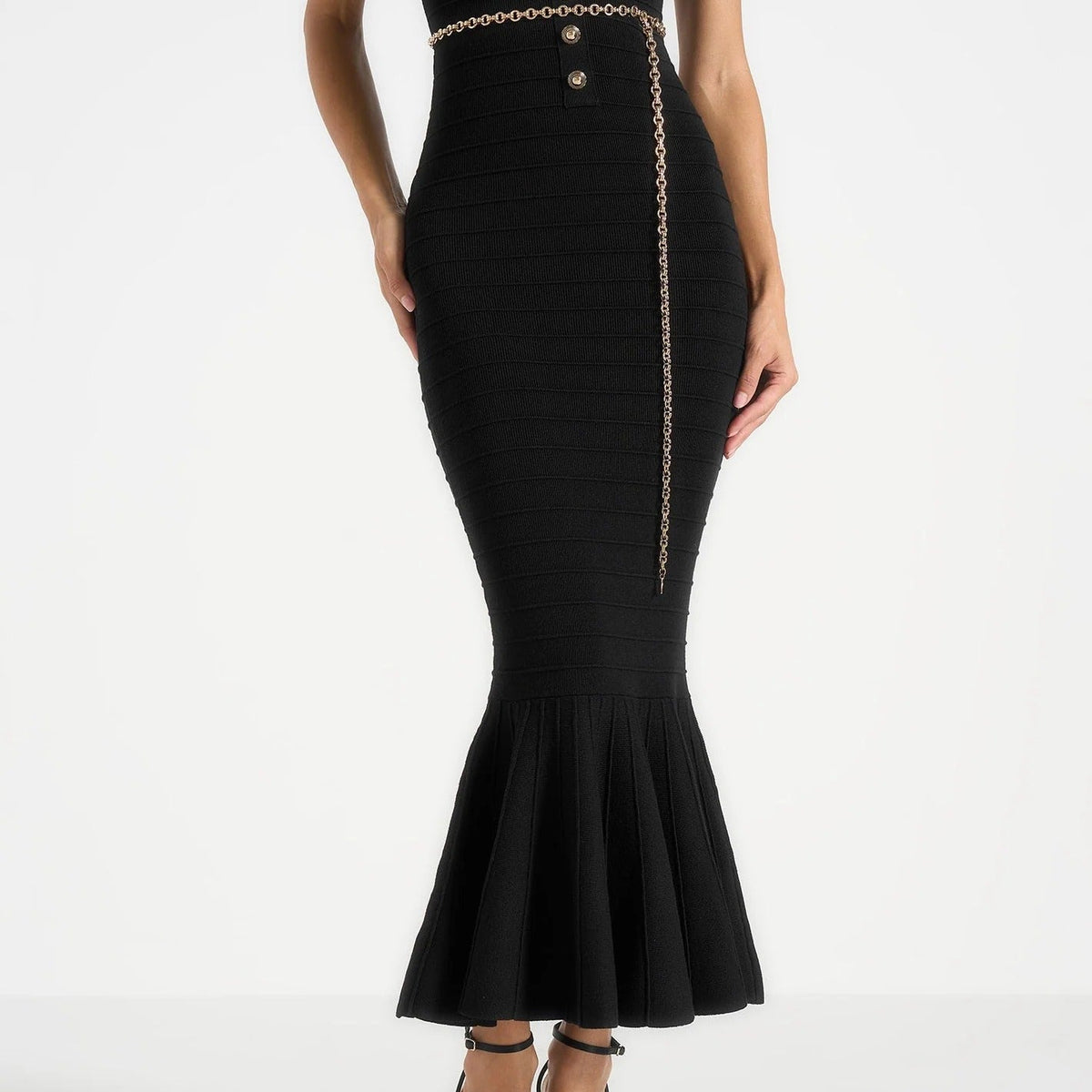 Black fishtail midi dress
