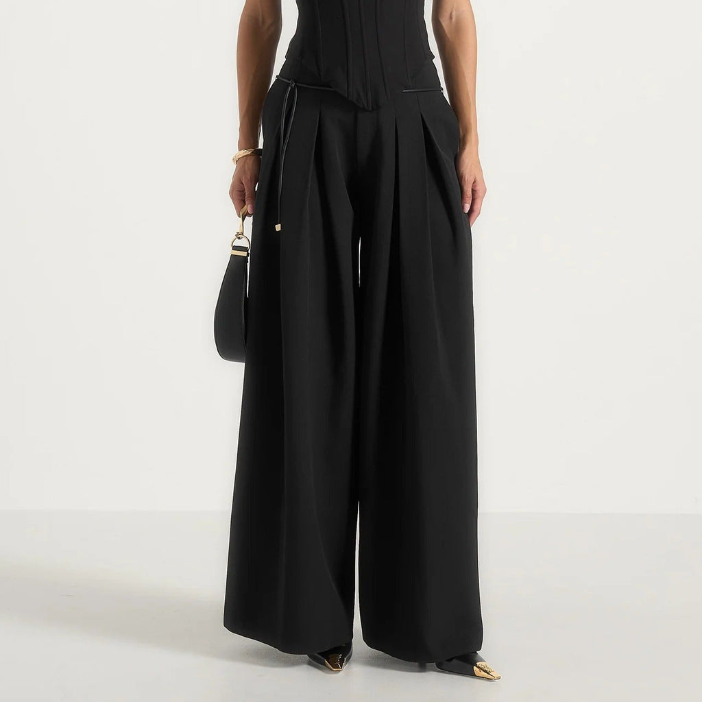 Black high waisted pleated wide leg trousers
