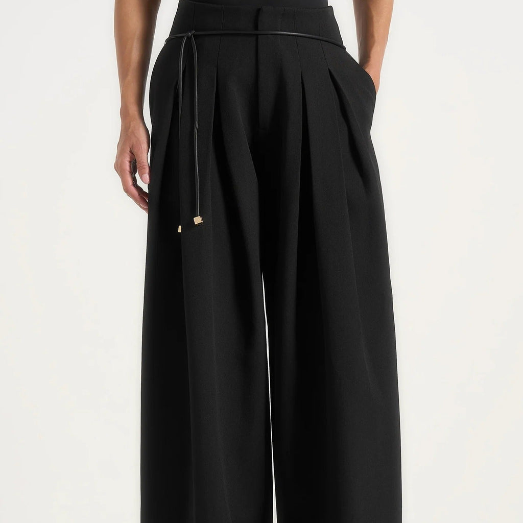 Black high waisted pleated wide leg trousers