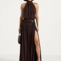 Dark brown halter neck open back maxi dress