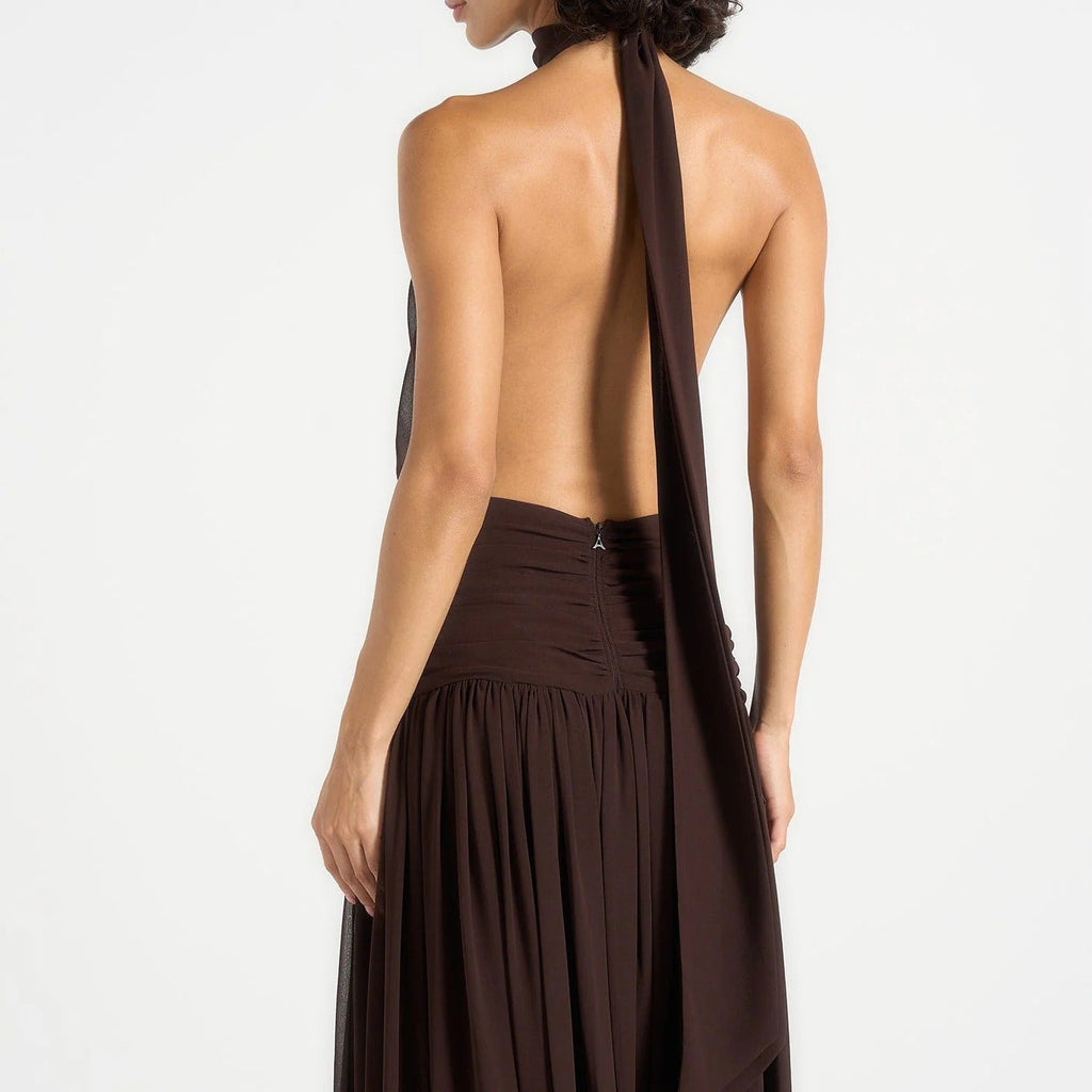 Dark brown halter neck open back maxi dress