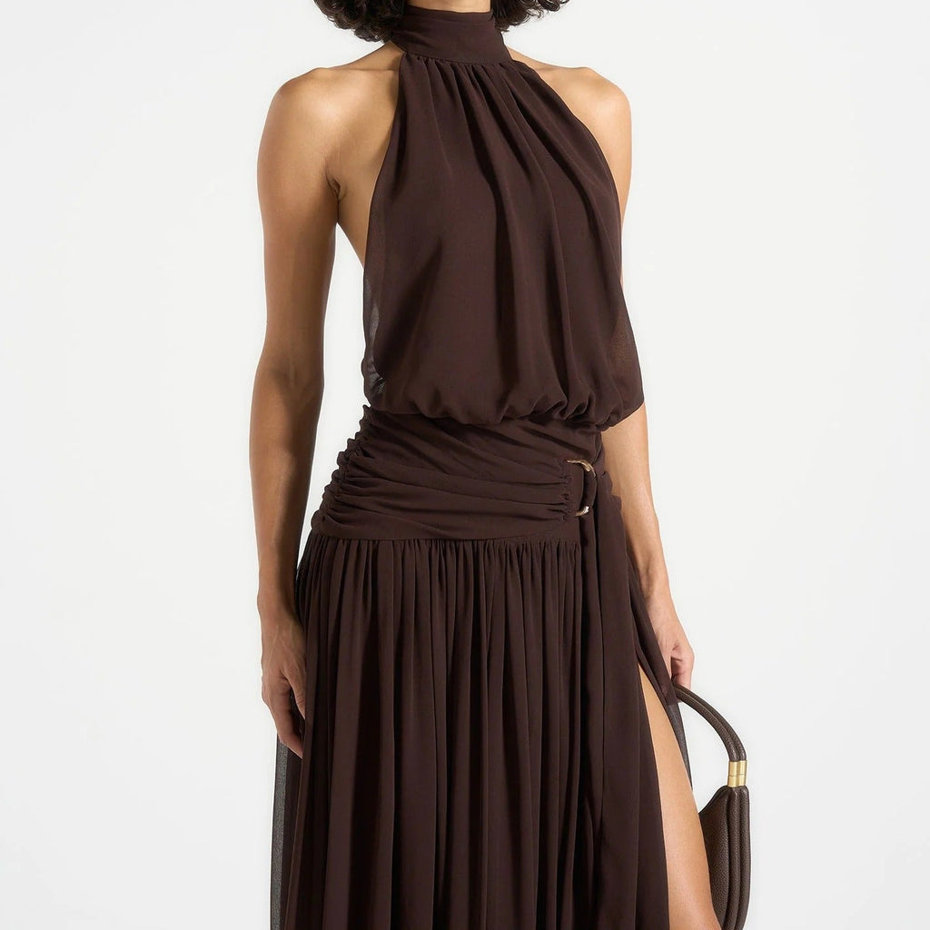 Dark brown halter neck open back maxi dress