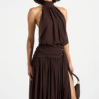 Dark brown halter neck open back maxi dress